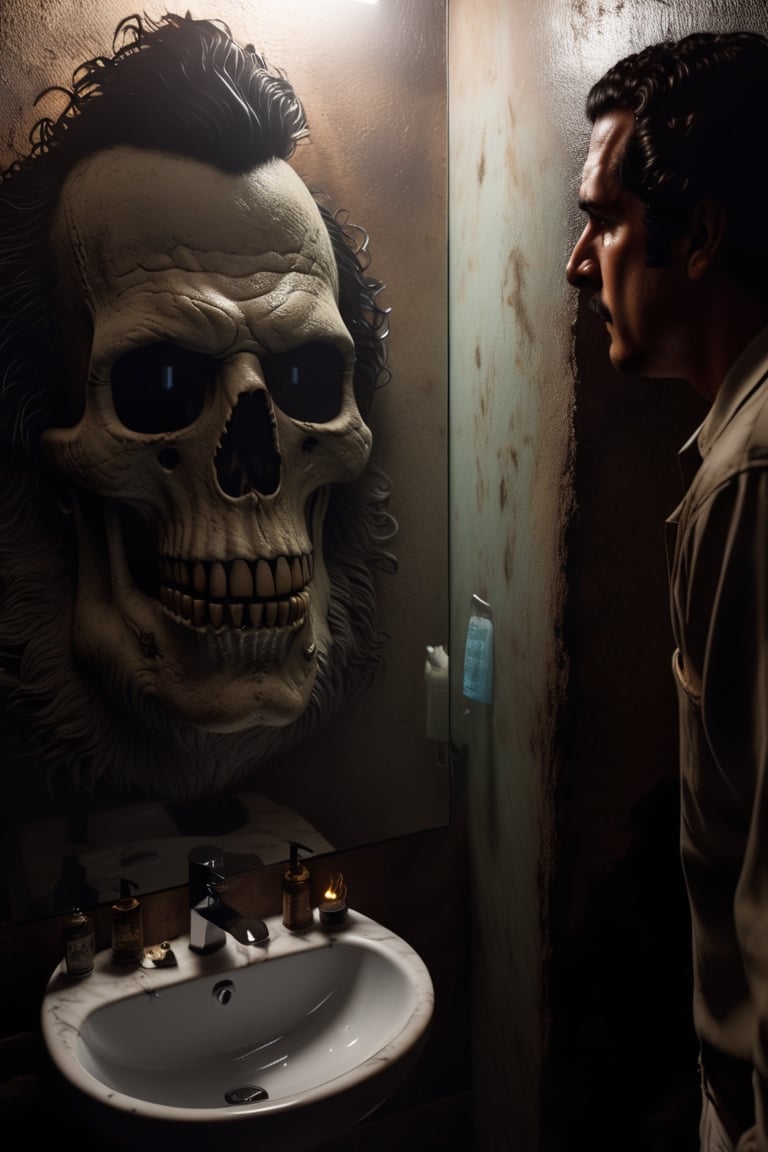 Monster, Pablo Escobar with a very cold look looking into a mirror and the reflection of the mirror: he is the one who has become a monster, very detailed
with spooky lighting effects, detailed and shallow depth of field, sharp focus, high resolution RTX 4k graphics