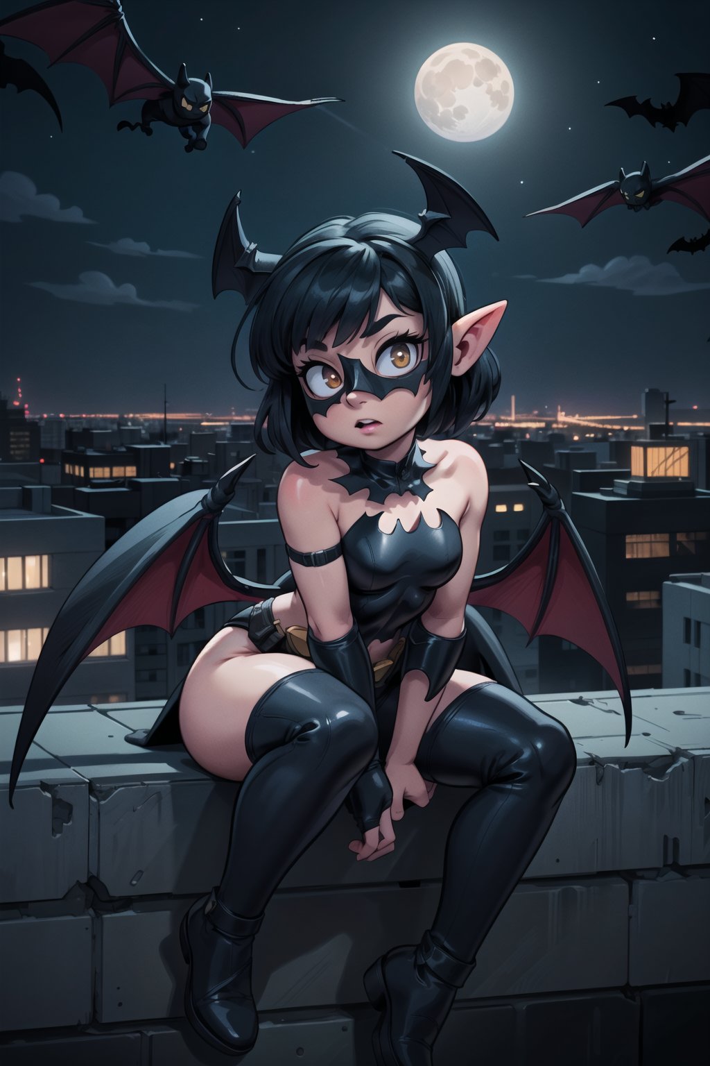 High resolution, extremely detailed, atmospheric scene, masterpiece, best quality, 64k, high quality, (HDR), HQ, illustration of an adorable black bat wearing batman costume, bat mask, pointed ears, sitting on city rooftop, night time, moon, gotham city