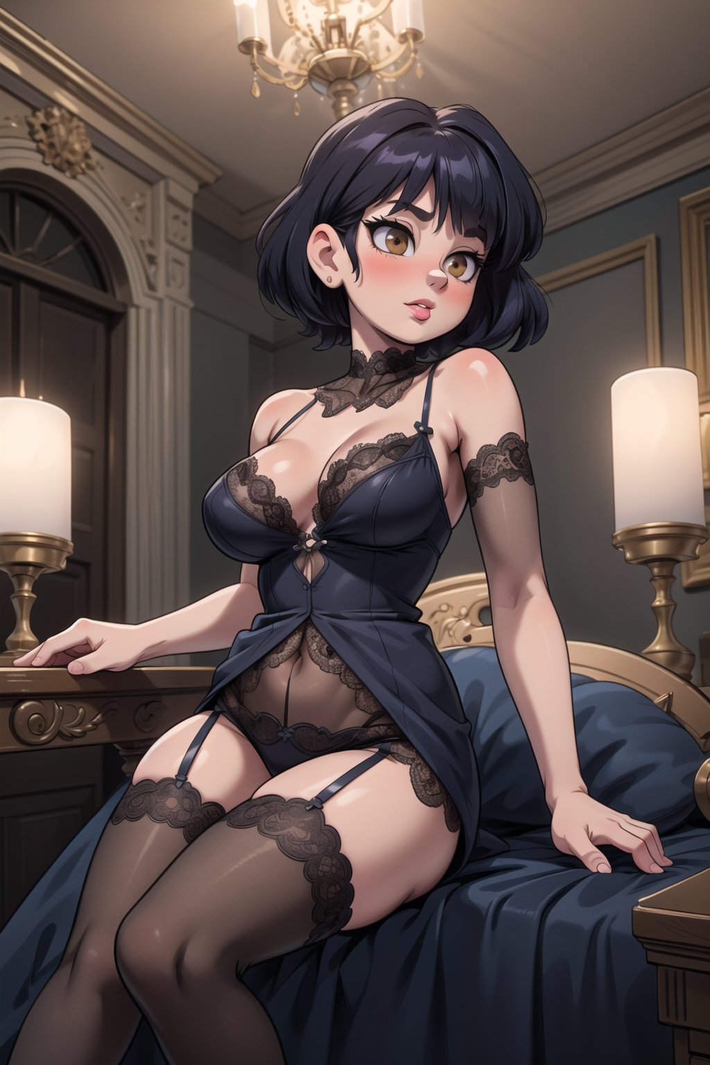 High resolution, extremely detailed, atmospheric scene, masterpiece, best quality, 64k, high quality, (HDR), HQ, 1 girl, raven-haired, brown eyes, lace-trimmed chemise, silk stockings, antique furnishings, lavish boudoir setting, candelabras lit, soft music playing, reclining pose Sultry Expression, Lip Gloss, Ultra Detailed,