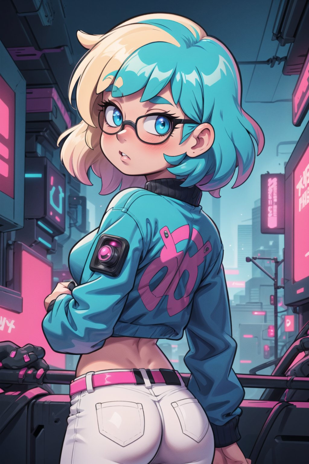 High resolution, extremely detailed, atmospheric scene, masterpiece, best quality, 64k, high quality, (HDR), HQ, 1girl (wavy blonde and blue hair,glowing blue eyes) wearing dark blue jacket on white crop top blue jeans,wearing pink sunglasses,retro futuristic style,(anime style:1.3),(cyberpunk:1.4),masterpiece,highly detailed,beautiful face,symerical face,vibrant colors,detailed backgroun,speech buble text "will you play with me ?"