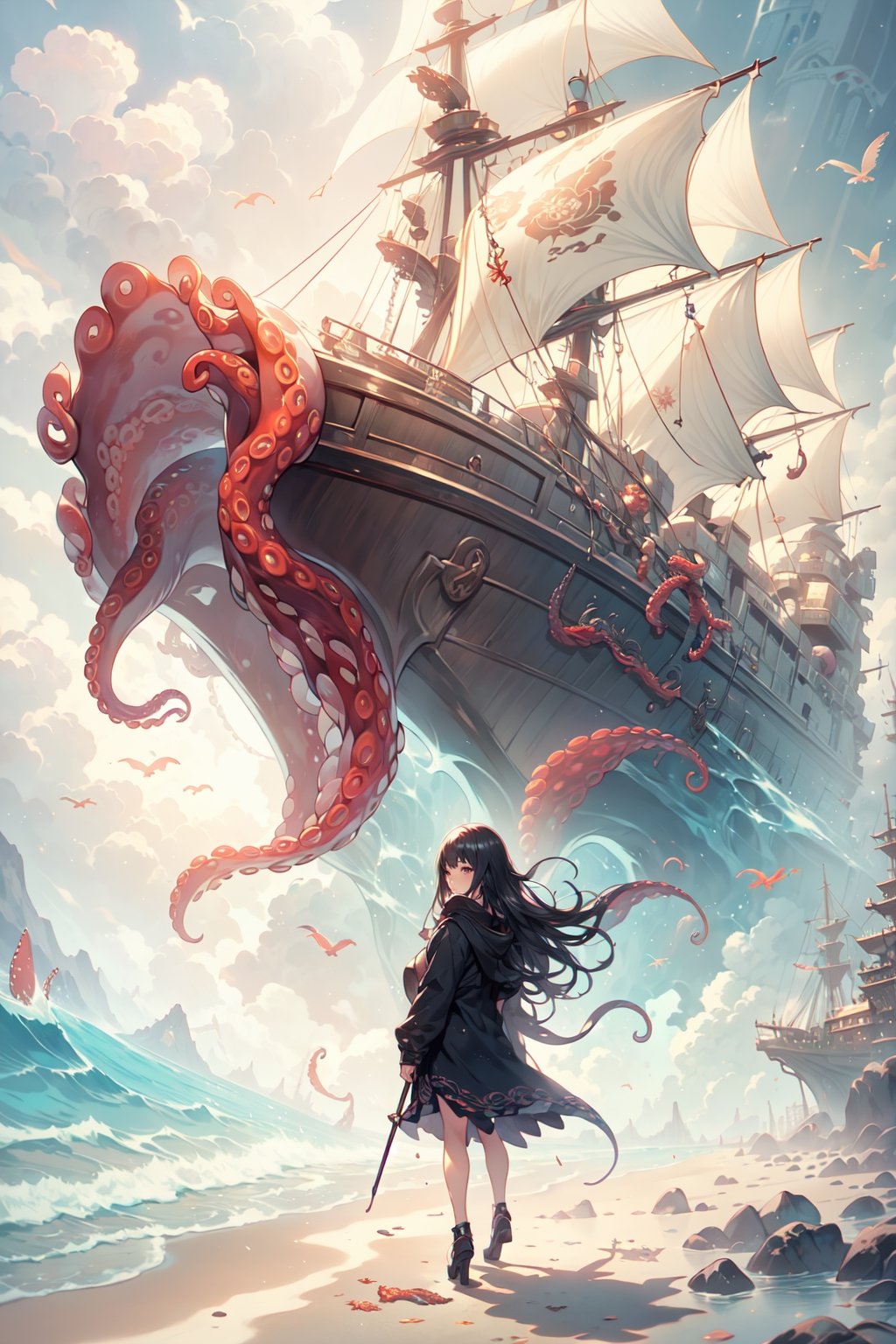 (masterpiece, best quality:1.3, ultra-realistic, 8k,photoshop,realistic,illustration)1girl,giant girl,beach,octopus,tentacle,monster octopus,ship background,ocean, ,1 girl