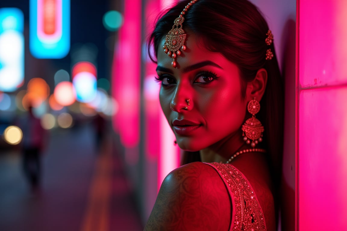 A stunning Indian woman poses elegantly against a neon-lit backdrop, bathed in the warm glow of studio lights. Her intricate henna designs and ornate jewelry gleam with an otherworldly sheen, as if infused with synthetic beauty. Beautiful face with perfect symmetric eyes, perfect contrast, extremely sharp focus. Hyper-realistic textures and ultra-high detailed features accentuate her striking features, set against a cinematic cityscape at dusk. The overall effect is a masterpiece of synthwave-inspired artistry, where technology and tradition converge in perfect contrast.