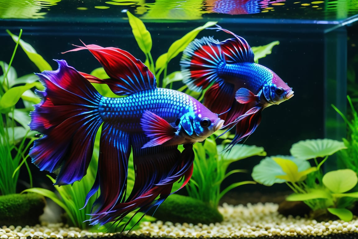 A stunning shot of a breeding-sized Purple, Blue, and Red Crowntail Betta multiple size fishes swimming amidst lushly planted aquatic foliage in an exquisite 8K-resolution fish tank. Soft, warm lighting illuminates the vibrant males, their crowns and long fins glistening with iridescent colors, set against a tranquil backdrop of rippling water and verdant greenery.,more detail XL