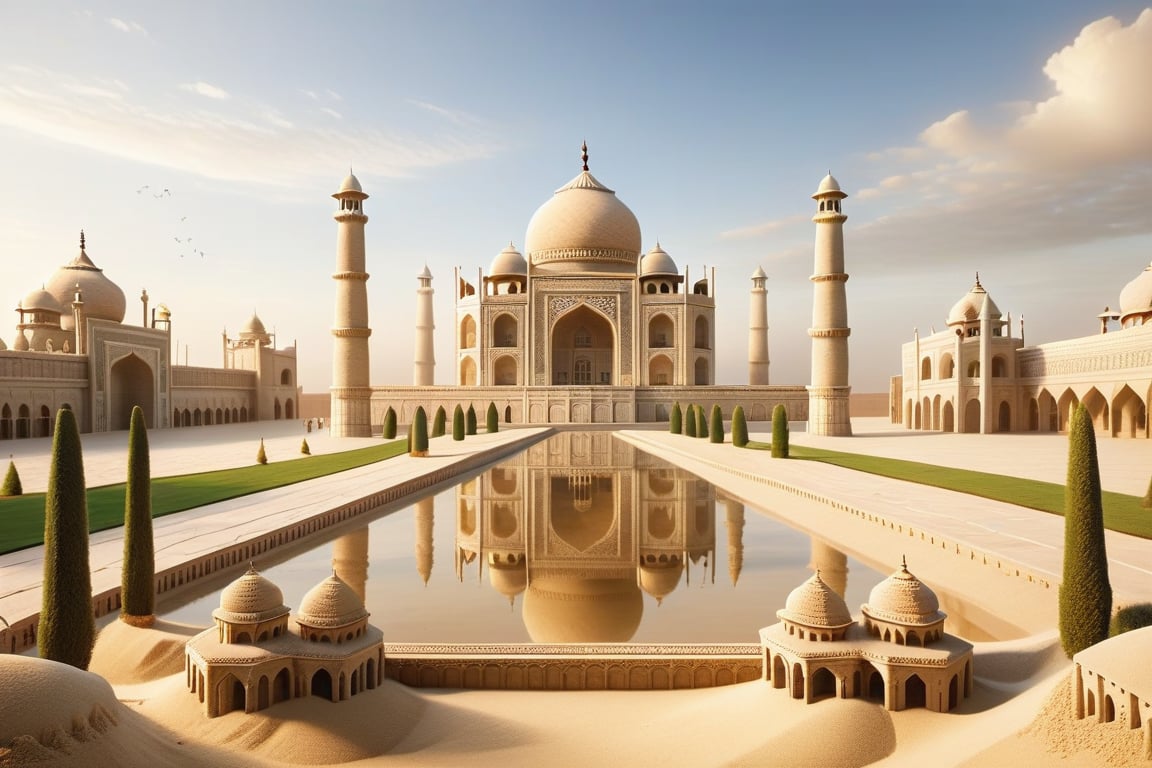 Craft an exquisite sand sculpture of the Taj Mahal, with its iconic white domes and minarets reflected in a serene pool of water. The intricate carvings and symmetrical gardens should be faithfully recreated, with the early morning light enhancing the delicate details and the soft, golden hue of the sand. High-quality, hyper realistic, hyper detailed, high resolution, 8K, UHD, HDR, master Piece, trending on ArtStation unreal engine 5.,ral-sand