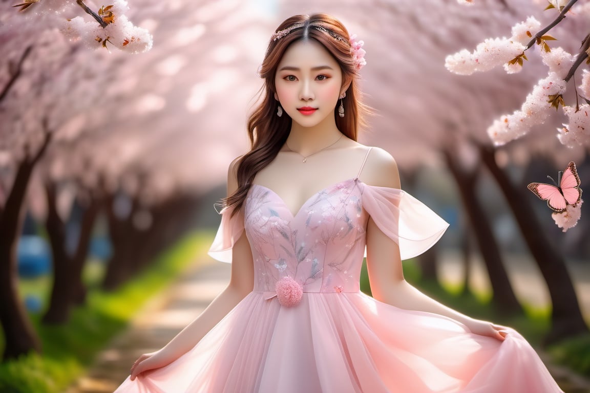 A girl holding her dress which is pastel pink, her eyes should be bright blue, her skin should be peachy white with visible softness, wearing neckless, her dress should be decorated with pink and white flowers and she should be standing outside in a Sakura flower willow trees garden surrounded by butterflies and Sakura flowers should be falling on her like soft rain, hyper realistic, hyper detailed, natural light, cinema photography style, taken on a Canon EOS R5 with a 85mm f1.2 lens by world renowed photographer, masterpiece, UHD, 8K.