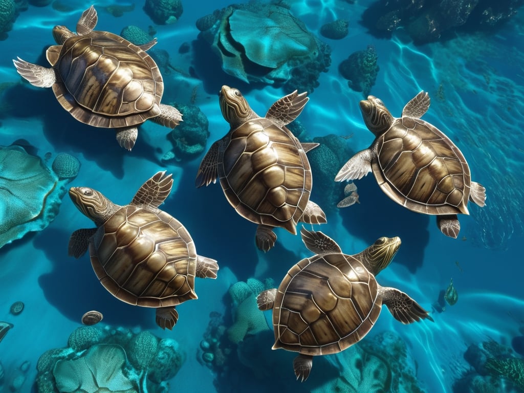  A aerial view of mississippi map turtles swimming on the blue sea water, unrealistic, shells are designed with Captain Amercia Shield, ultra detailed, ultra high-quality, ultra high definition, 8K, unreal engine, award-winning photograph, trending on artstation.