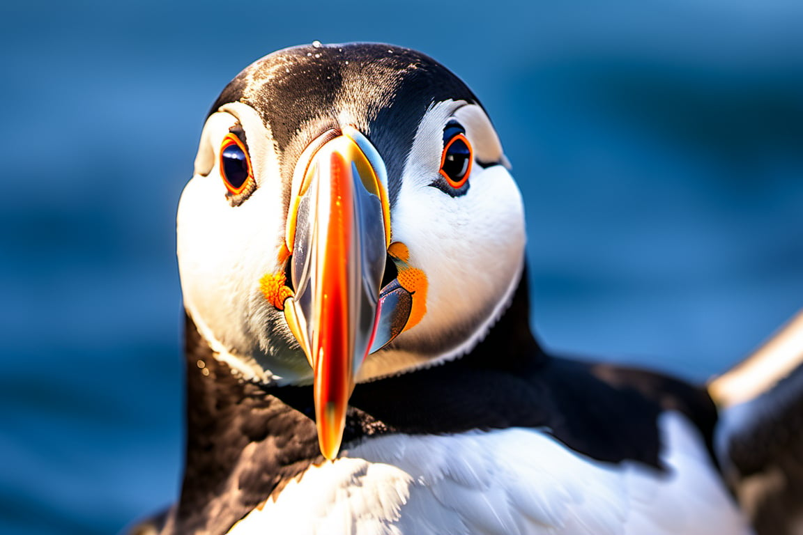 A majestic Atlantic Puffin in mid-air, wingtips tucked, as it expertly navigates its descent over a vibrant blue ocean with a catch, ((facing the camera)) as sunlight dancing across its feathers. Framed by a shallow depth of field, the puffin's face is sharply focused, bright eyes and beak stark against the soft, feathery plumage. The NIKON D500 captures every detail with photorealistic precision, as if suspended in time at 1/5000th of a second, f/5.6, ISO 1250.