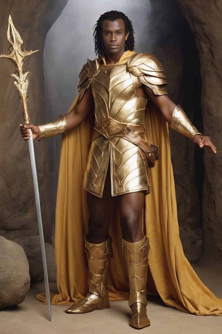 photorealistic photo of a dark skin elf, mid-legth hair, heroic pose, Dungeos & Dragons composition, full body.
golden robes,
8k,More Detail. DVD 1960's movie scene coomposition, RPG, fantasy,