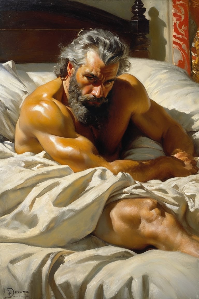 realistic oil paiting of a rugged man laying down on bed, hard brushes, Huge biceps, huge pecs, muscled, virile, bearded, shirtless, hairy chest, (Oil painting by Donato Giancola, Anders Zorn and Sir Lawrence Alma - Tadema, Carravagio),greg rutkowski. masterpiece:1.5, best quality:1.5, view from above, dramatical light, daddy, gray hair, 