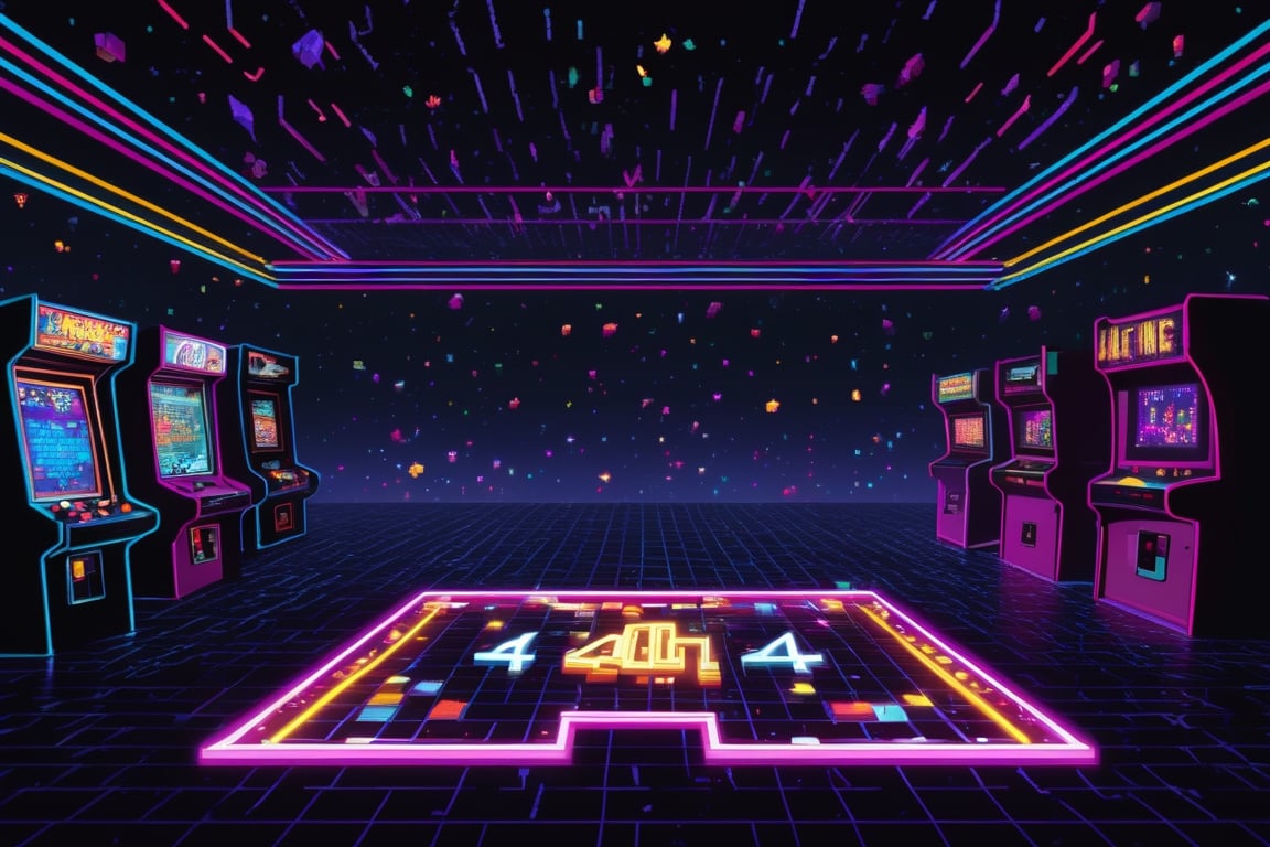 Imagine a neon-lit, pixelated arcade world. The main focus is a large, glowing "404" in retro arcade font, surrounded by digital ghosts and floating pixels. The background is a dark, starry cyberspace, with faint outlines of old arcade machines. There's a sense of nostalgia mixed with a digital void. The lighting is dim, with neon highlights, and the perspective is isometric, giving a 3D feel to the 2D pixel art.