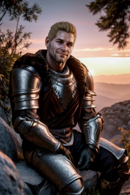 cullen_rutherford, blonde, armor, sitting in a rock, 4k, depth of field, sunset, forest background, smirk, looking at the viewer, stripped black beard, scar on lips,