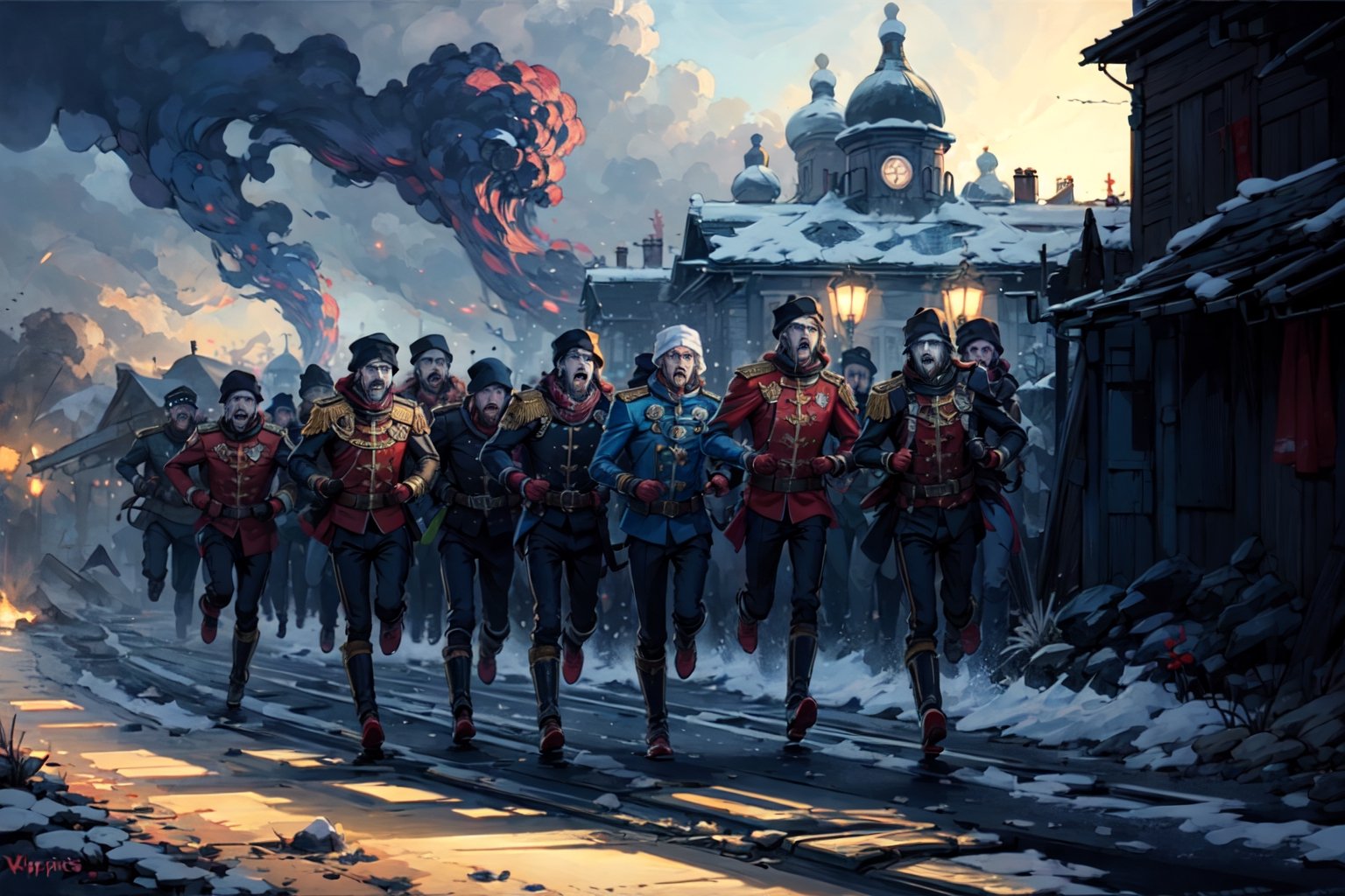 a trek of displaced persons in daylight running fleeing from Rasputin,EpicArt,horror,More Detail