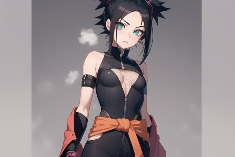  1girl, very_petite:1.2, hair_past_waist:1.3, black_hair, fishnets, emerald_eyes, in style of naruto, young, spiral_eyes:1.6, tiny_breasts, kunoichi
