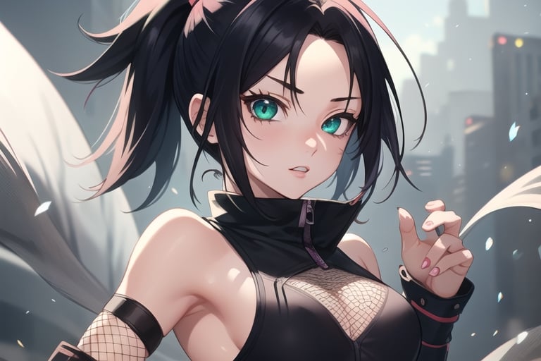  1girl, very_petite:1.2, hair_past_waist:1.3, black_hair, fishnets, emerald_eyes, in style of naruto, young, spiral_eyes:1.6, tiny_breasts, kunoichi
