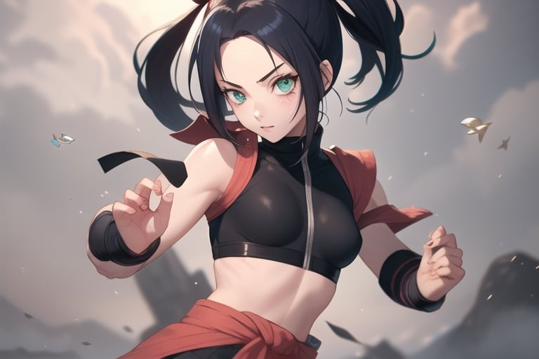  1girl, very_petite:1.2, hair_past_waist:1.3, black_hair, fishnets, emerald_eyes, in style of naruto, young, spiral_eyes:1.6, tiny_breasts, kunoichi
