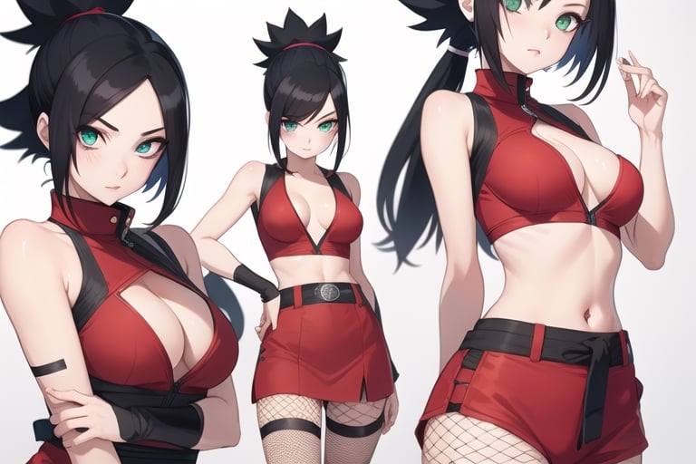  1girl, very_petite:1.2, hair_past_waist:1.3, black_hair, fishnets, emerald_eyes, in style of naruto, young, spiral_eyes:1.6, tiny_breasts, kunoichi
