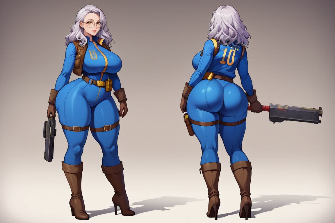 score_9, score_8_up, score_7_up, best quality, masterpiece, 4k, solo_female, full-length_portrait, fully_dressed, fully_clothed, fallout_4, vault_dweller, vault suit, vault 20, blue vault suit, pipboy, very tall thigh high boots, thigh high boots, high heeled boots, brown high heeled boots, yellow vault dweller belt, tool vest, open tool vest, curvaceous, narrow waist, thin waist, plump breasts, huge ass, wide hips, thicc thighs, loose belt, loose belt around waist, tool belt, brown work gloves, long brown work gloves, silver hair, very long hair, hair past waist, hair past knees, hair reaches ground, wavy hair, round glasses, meganekko, standing,