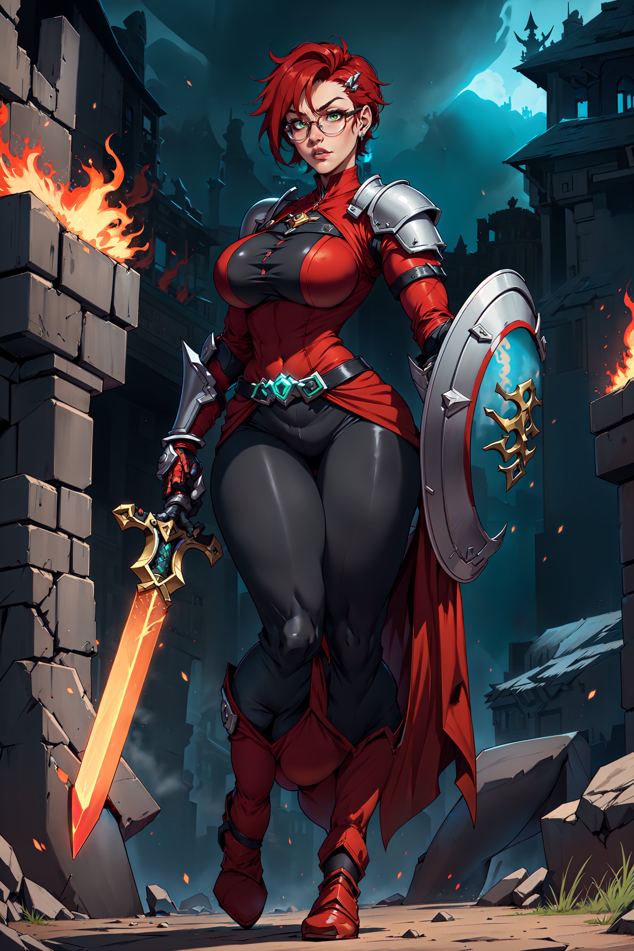 A full-body concept illustration of an athletically thin single female individual in the style of Human 90s Warcraft Armored Mage. She is young. She is below average height and wears the red and white colors of the fictional nation of Stromgarde from the Warcraft franchise. She has fiery red hair and striking intense green eyes. She is wearing the battered heavy full-plate armor of a knight of the Grand Alliance from the Warcraft franchise mixed with the traditional robes of a Mage from the Warcraft franchise. She has large round breasts and a slender waist. She has wide hips and busty thighs. Her fiery red hair is very short. Her fiery red hair is cut close to her head in an extremely short pixie cut. She is wearing large circular glasses. In one hand she is holding a very long sword with a glowing blade. In the other hand she is holding a very large shield with the red armored fist symbol on it. This is the symbol of Stromgarde. Her battered heavy full-plate armor is one size too large. Her armor has armored high-heeled boots. 
She is standing at an angle facing the user in a dynamic and heroic pose in front of a complex and highly detailed background of a brightly lit background of an open field with a castle in the distance,1 girl,complex_background, detailed_background, long_pants, armored, armored_dress, shield, holding_sword