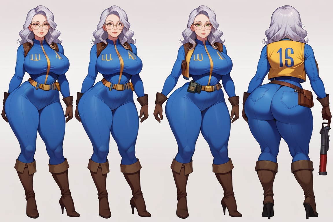 score_9, score_8_up, score_7_up, best quality, masterpiece, 4k, solo_female, full-length_portrait, fully_dressed, fully_clothed, fallout_4, vault_dweller, vault suit, vault 20, blue vault suit, pipboy, very tall thigh high boots, thigh high boots, high heeled boots, brown high heeled boots, yellow vault dweller belt, tool vest, open tool vest, curvaceous, narrow waist, thin waist, plump breasts, huge ass, wide hips, thicc thighs, loose belt, loose belt around waist, tool belt, brown work gloves, long brown work gloves, silver hair, very long hair, hair past waist, hair past knees, hair reaches ground, wavy hair, round glasses, meganekko, standing,