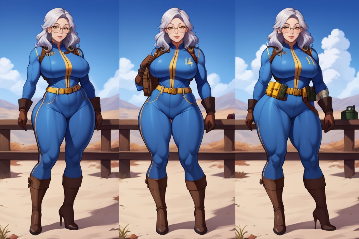 score_9, score_8_up, score_7_up, best quality, masterpiece, 4k, solo_female, full-length_portrait, fully_dressed, fully_clothed, fallout_4, vault_dweller, vault suit, vault 20, blue vault suit, pipboy, very tall thigh high boots, thigh high boots, high heeled boots, brown high heeled boots, yellow vault dweller belt, tool vest, open tool vest, curvaceous, plump breasts, huge ass, wide hips, thicc thighs, six pack, biceps, loose belt, loose belt around waist, tool belt, brown work gloves, long brown work gloves, silver hair, very long hair, wavy hair, round glasses, meganekko, standing,