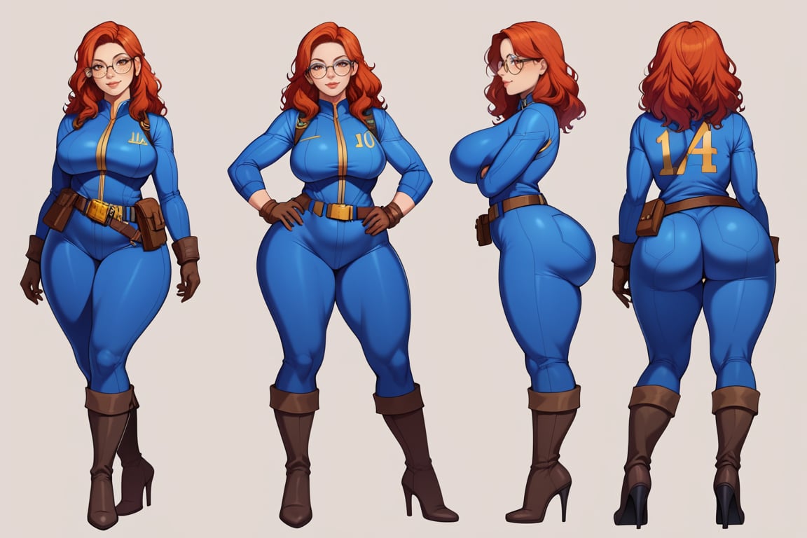 score_9, score_8_up, score_7_up, best quality, masterpiece, 4k, solo_female, full-length_portrait, fully_dressed, fully_clothed, fallout_4, vault_dweller, vault suit, blue vault suit, pipboy, thigh high boots, high heeled boots, brown high heeled boots, yellow vault dweller belt, round glasses, meganekko, curvaceous, plump breasts, huge ass, wide hips, thicc thighs, loose belt, loose belt around waist, tool belt, brown work gloves, red hair, very long red hair, extra long red hair, red hair past waist, red hair past knees, wavy red hair, freckles, standing,