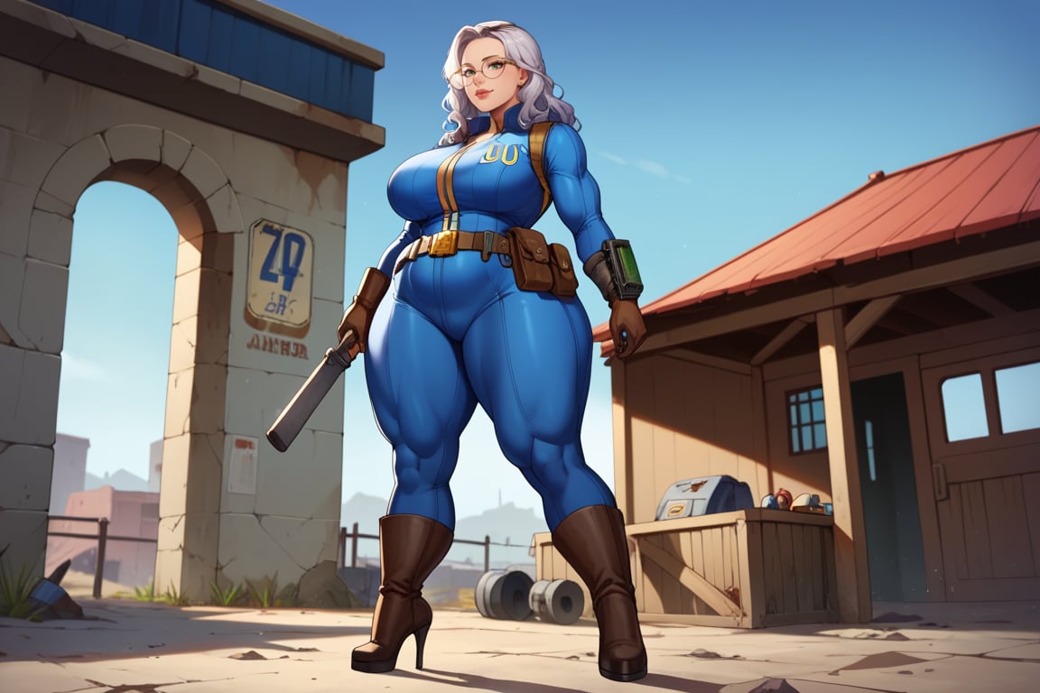 score_9, score_8_up, score_7_up, best quality, masterpiece, 4k, solo_female, full-length_portrait, fully_dressed, fully_clothed, fallout_4, vault_dweller, vault suit, vault 20, blue vault suit, pipboy, very tall thigh high boots, thigh high boots, high heeled boots, brown high heeled boots, yellow vault dweller belt, tool vest, open tool vest, curvaceous, plump breasts, huge ass, wide hips, thicc thighs, six pack, biceps, loose belt, loose belt around waist, tool belt, brown work gloves, long brown work gloves, silver hair, very long hair, hair past waist, hair past knees, hair reaches ground, wavy hair, round glasses, meganekko, standing,