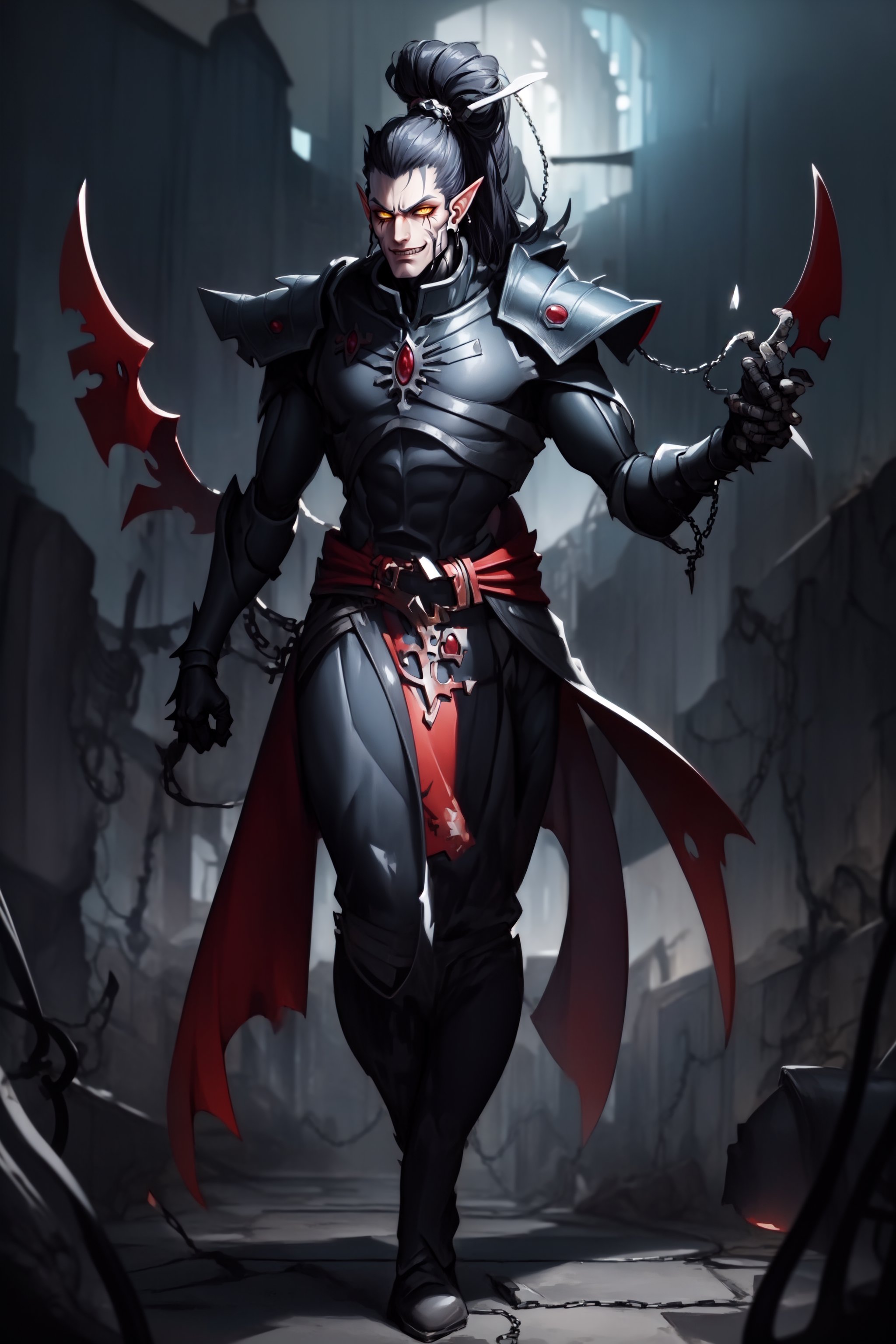 A full-body concept illustration of a single athletic male individual in the style of Warhammer 40k Drukhari Archon. He is a tall and darkly dashing Dark Eldar male from the Warhammer 40000 franchise. This Male Drukhari has deathly pale white skin from which his veins are barely visible. This male Drukhari has night black raven hair that is kept in a tall topknot ponytail. This Drukhari male has devilish yellow eyes that speak of maliciousness. This male Drukhari has a strikingly handsome elf like face. This male Drukhari has an athletic and muscular body. He is wearing the bluish-black segmented spiked armor of a Drukhari Archon with a red-orange gem in the center of his chest. He has several skulls dangling from chains around his waist. He is not wearing a helmet. The dark city of his people is visible in the brightly lit and detailed background. He is facing the camera with a devilish grin, complex_background, detailed_background, background, 