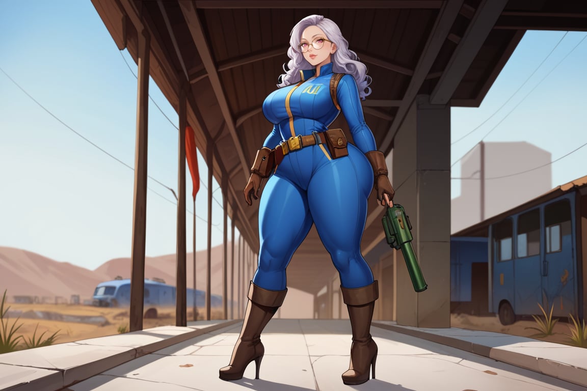 score_9, score_8_up, score_7_up, best quality, masterpiece, 4k, solo_female, full-length_portrait, fully_dressed, fully_clothed, fallout_4, vault_dweller, vault suit, vault 20, blue vault suit, pipboy, very tall thigh high boots, thigh high boots, high heeled boots, brown high heeled boots, yellow vault dweller belt, tool vest, open tool vest, curvaceous, narrow waist, thin waist, plump breasts, huge ass, wide hips, very wide hips, thicc thighs, loose belt, loose belt around waist, tool belt, brown work gloves, long brown work gloves, silver hair, very long hair, hair past waist, hair past knees, hair reaches ground, wavy hair, round glasses, meganekko, pink eyes, standing,