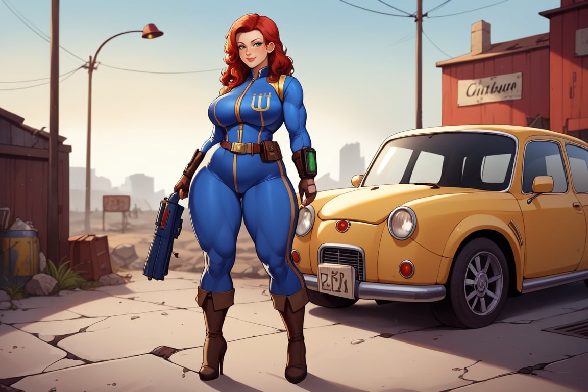 score_9, score_8_up, score_7_up, best quality, masterpiece, 4k, solo_female, full-length_portrait, fully_dressed, fully_clothed, fallout_4, vault_dweller, vault suit, blue vault suit, pipboy, very tall thigh high boots, extra tall thigh high boots, tall thigh high boots, thigh high boots, high heeled boots, brown high heeled boots, yellow vault dweller belt, curvaceous, plump breasts, huge ass, wide hips, thicc thighs, six pack, biceps, loose belt, loose belt around waist, tool belt, brown work gloves, red hair, very long red hair, extra long red hair, red hair past waist, red hair past knees, wavy red hair, freckles, standing,