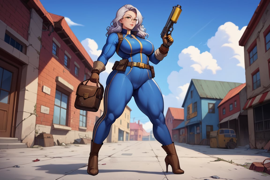 score_9, score_8_up, score_7_up, best quality, masterpiece, 4k, solo_female, full-length_portrait, fully_dressed, fully_clothed, fallout_4, vault_dweller, vault suit, blue vault suit, pipboy, very tall thigh high boots, extra tall thigh high boots, tall thigh high boots, thigh high boots, high heeled boots, brown high heeled boots, yellow vault dweller belt, curvaceous, plump breasts, huge ass, wide hips, thicc thighs, six pack, biceps, loose belt, loose belt around waist, tool belt, brown work gloves, long brown work gloves, silver hair, very long hair, wavy hair, round glasses, meganekko, standing,