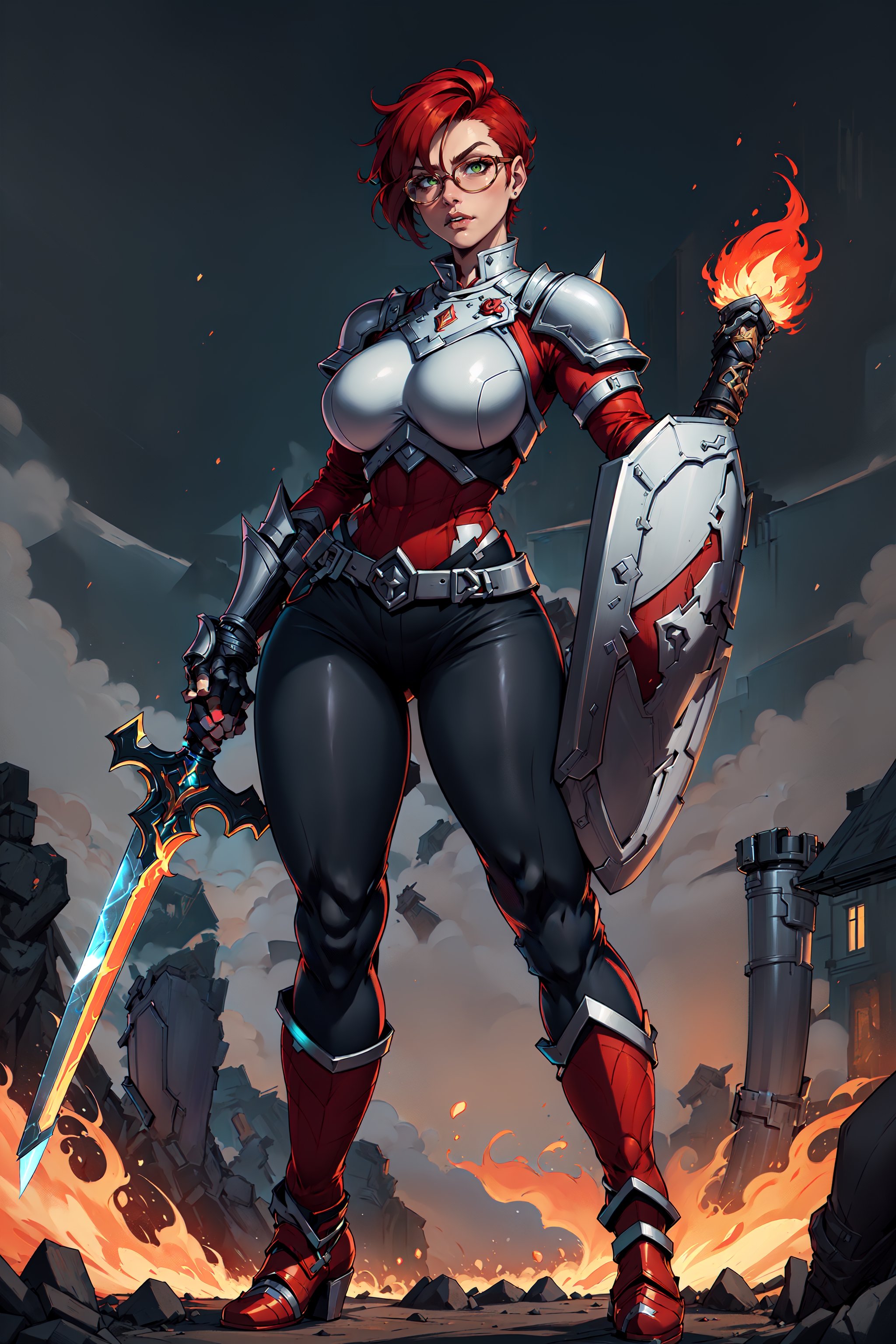 A full-body concept illustration of an athletically thin single female individual in the style of Human 90s Warcraft Armored Mage. She is young. She is below average height and wears the red and white colors of the fictional nation of Stromgarde from the Warcraft franchise. She has fiery red hair and striking intense green eyes. She is wearing the battered heavy full-plate armor of a knight of the Grand Alliance from the Warcraft franchise mixed with the traditional robes of a Mage from the Warcraft franchise. She has large round breasts and a slender waist. She has wide hips and busty thighs. Her fiery red hair is very short. Her fiery red hair is cut close to her head in an extremely short pixie cut. She is wearing large circular glasses. In one hand she is holding a very long sword with a glowing blade. In the other hand she is holding a very large shield with the red armored fist symbol on it. This is the symbol of Stromgarde. Her battered heavy full-plate armor is one size too large. Her armor has armored high-heeled boots. 
She is standing at an angle facing the user in a dynamic and heroic pose in front of a complex and highly detailed background of a brightly lit background of an open field with a castle in the distance,1 girl,complex_background, detailed_background, long_pants