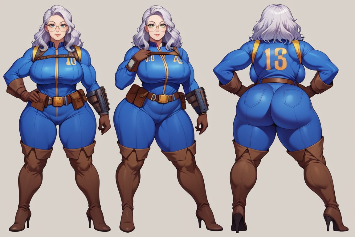 score_9, score_8_up, score_7_up, best quality, masterpiece, 4k, solo_female, full-length_portrait, fully_dressed, fully_clothed, fallout_4, vault_dweller, vault suit, vault 20, blue vault suit, pipboy, very tall thigh high boots, extra tall thigh high boots, tall thigh high boots, thigh high boots, high heeled boots, brown high heeled boots, yellow vault dweller belt, tool vest, open tool vest, curvaceous, plump breasts, huge ass, wide hips, thicc thighs, six pack, biceps, loose belt, loose belt around waist, tool belt, brown work gloves, long brown work gloves, silver hair, very long hair, wavy hair, round glasses, meganekko, standing,