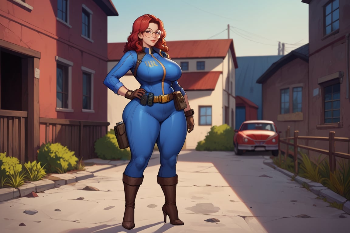 score_9, score_8_up, score_7_up, best quality, masterpiece, 4k, solo_female, full-length_portrait, fully_dressed, fully_clothed, fallout_4, vault_dweller, vault suit, blue vault suit, pipboy, thigh high boots, high heeled boots, brown high heeled boots, yellow vault dweller belt, round glasses, meganekko, curvaceous, plump breasts, huge ass, wide hips, thicc thighs, loose belt, loose belt around waist, tool belt, brown work gloves, red hair, very long red hair, extra long red hair, red hair past waist, red hair past knees, wavy red hair, freckles, standing,