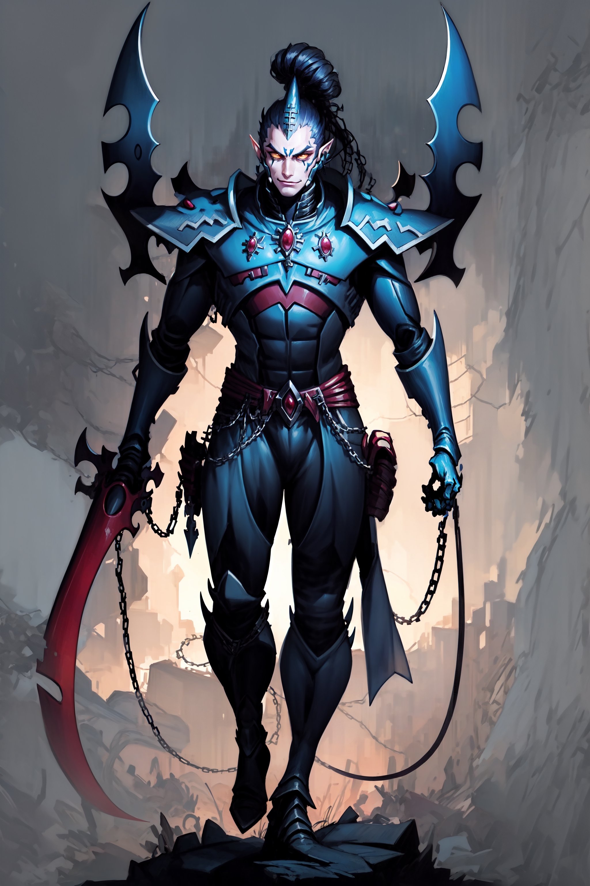 A full-body concept illustration of a single athletic male individual in the style of Warhammer 40k Drukhari Archon. He is a tall and darkly dashing Dark Eldar male from the Warhammer 40000 franchise. This Male Drukhari has deathly pale white skin from which his veins are barely visible. This male Drukhari has night black raven hair that is kept in a tall topknot ponytail. This Drukhari male has devilish yellow eyes that speak of maliciousness. This male Drukhari has a strikingly handsome elf like face. This male Drukhari has an athletic and muscular body. He is wearing the bluish-black segmented spiked armor of a Drukhari Archon with a red-orange gem in the center of his chest. He has several skulls dangling from chains around his waist. He is not wearing a helmet. The dark city of his people is visible in the brightly lit and detailed background. He is facing the camera with a devilish grin, complex_background, detailed_background, background