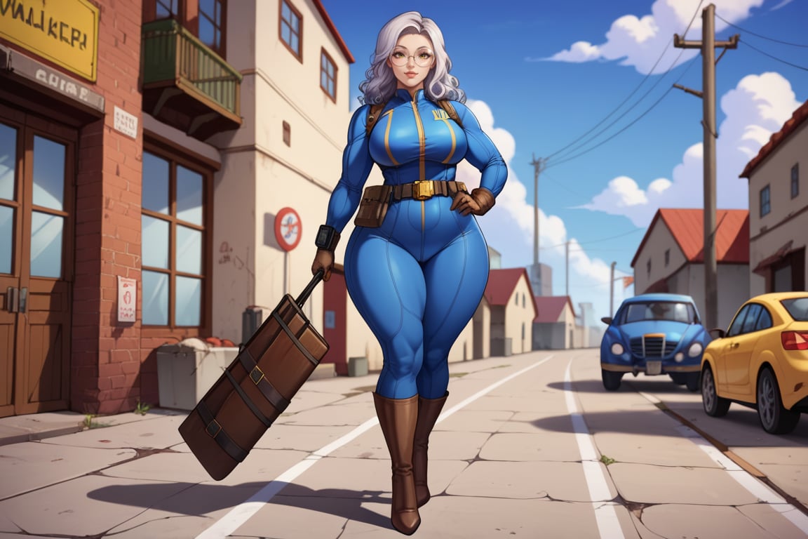 score_9, score_8_up, score_7_up, best quality, masterpiece, 4k, solo_female, full-length_portrait, fully_dressed, fully_clothed, fallout_4, vault_dweller, vault suit, blue vault suit, pipboy, very tall thigh high boots, extra tall thigh high boots, tall thigh high boots, thigh high boots, high heeled boots, brown high heeled boots, yellow vault dweller belt, curvaceous, plump breasts, huge ass, wide hips, thicc thighs, six pack, biceps, loose belt, loose belt around waist, tool belt, brown work gloves, long brown work gloves, silver hair, very long hair, wavy hair, round glasses, meganekko, standing,