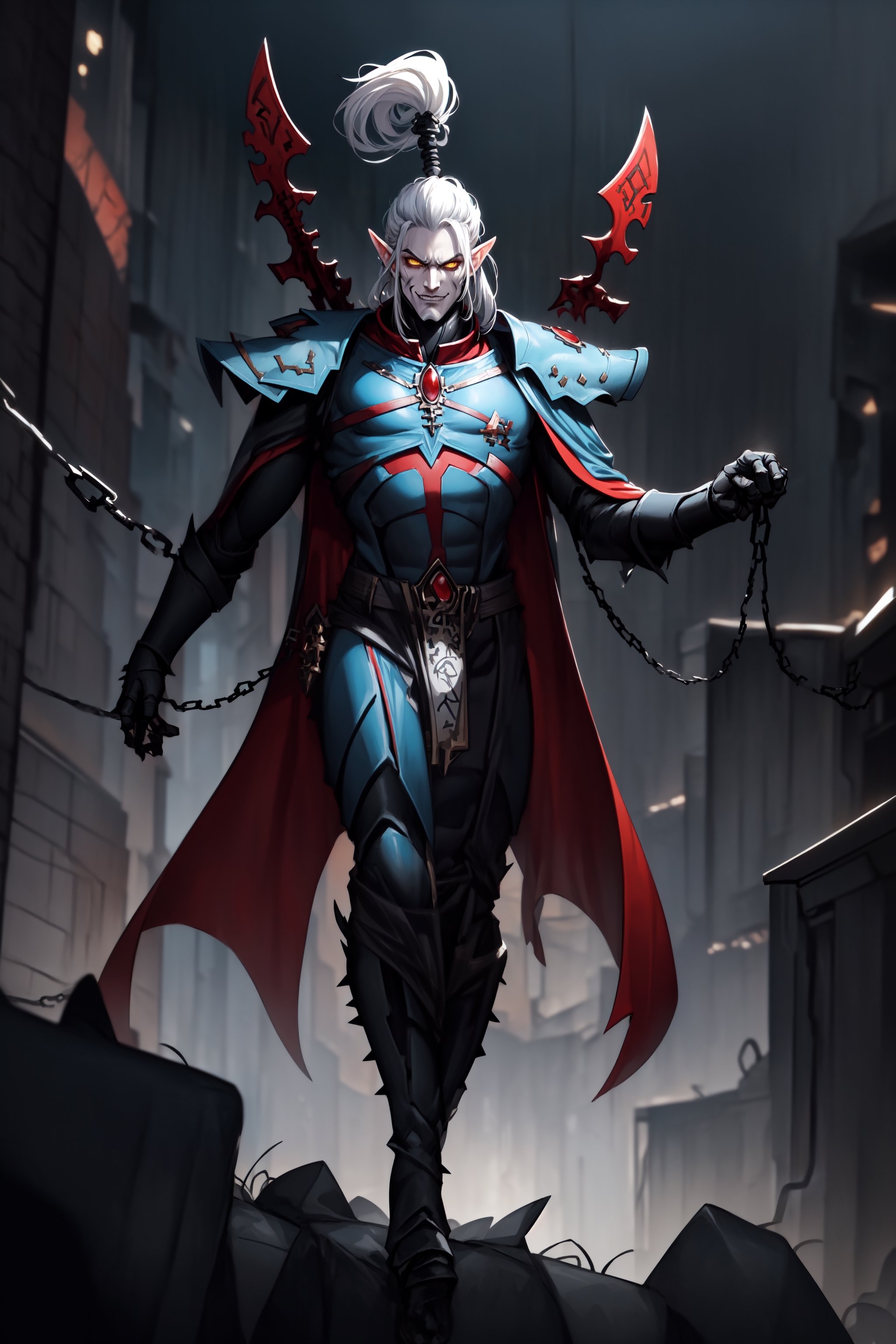 A full-body concept illustration of a single athletic male individual in the style of Warhammer 40k Drukhari Archon. He is a tall and darkly dashing Dark Eldar male from the Warhammer 40000 franchise. This Male Drukhari has deathly pale white skin from which his veins are barely visible. This male Drukhari has night black raven hair that is kept in a tall topknot ponytail. This Drukhari male has devilish yellow eyes that speak of maliciousness. This male Drukhari has a strikingly handsome elf like face. This male Drukhari has an athletic and muscular body. He is wearing the bluish-black segmented spiked armor of a Drukhari Archon with a red-orange gem in the center of his chest. He has several skulls dangling from chains around his waist. He is not wearing a helmet. The dark city of his people is visible in the brightly lit and detailed background. He is facing the camera with a devilish grin, complex_background, detailed_background, background, 