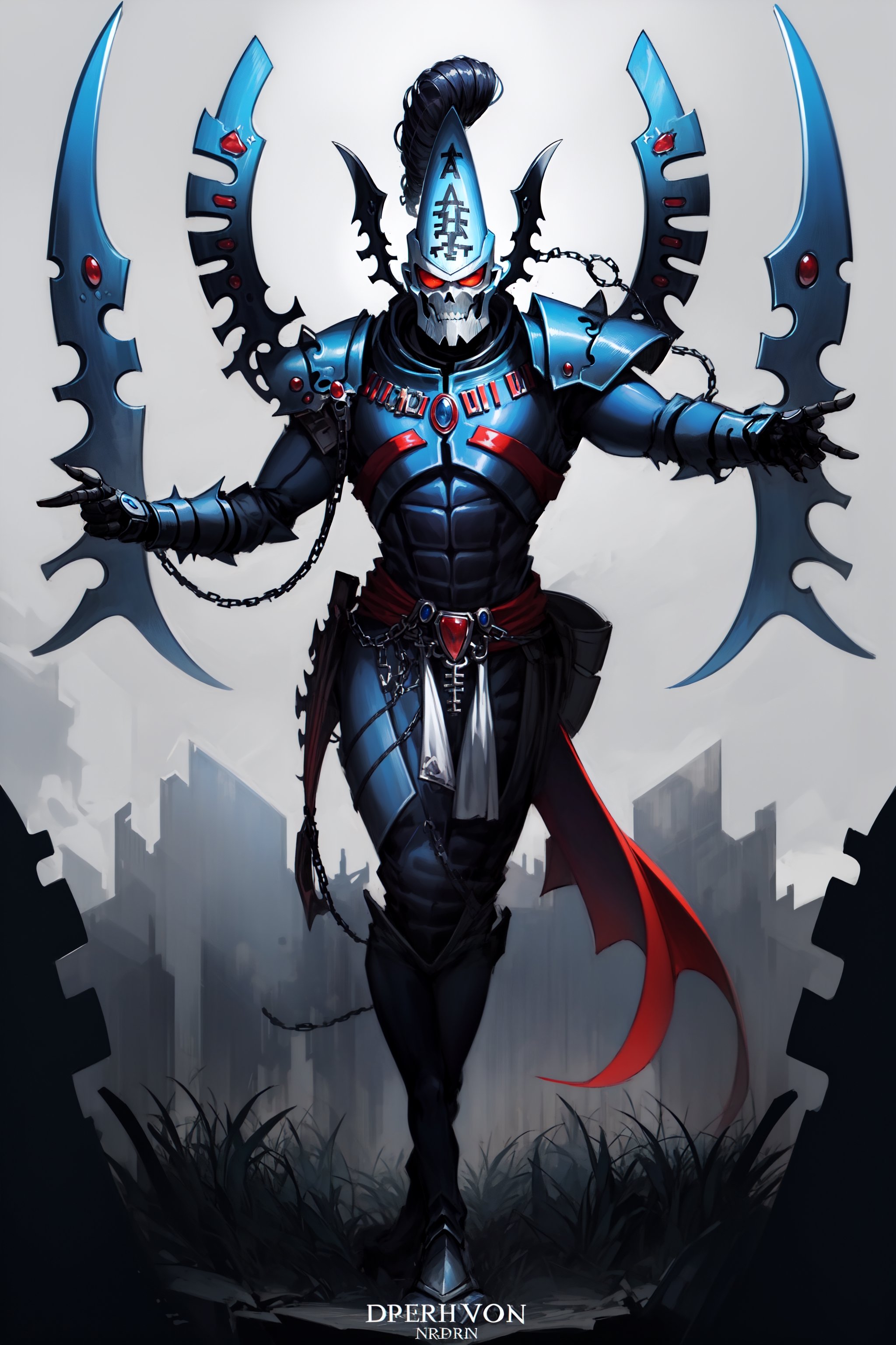 A full-body concept illustration of a single athletic male individual in the style of Warhammer 40k Drukhari Archon. He is a tall and darkly dashing Dark Eldar male from the Warhammer 40000 franchise. This Male Drukhari has deathly pale white skin from which his veins are barely visable. This male Drukhari has night black raven hair that is in kept in a tall topknot ponytail. This Drukhari male has devilish yellow eyes that speak of maliciousness. This male Drukhari has an athletic and muscular body. He is wearing the bluish black segmented spiked armor of a Drukhari Archon with a red orange gem in the center of his chest. He has several skulls dangling from chains around his waist. He is not wearing a helmet. The dark city of his people is visible in the brightly lit and detailed background. He is facing the camera with a devilish grin, 