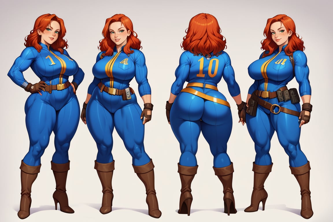 score_9, score_8_up, score_7_up, best quality, masterpiece, 4k, solo_female, full-length_portrait, fully_dressed, fully_clothed, fallout_4, vault_dweller, vault suit, blue vault suit, pipboy, very tall thigh high boots, extra tall thigh high boots, tall thigh high boots, thigh high boots, high heeled boots, brown high heeled boots, yellow vault dweller belt, curvaceous, plump breasts, huge ass, wide hips, thicc thighs, six pack, biceps, loose belt, loose belt around waist, tool belt, brown work gloves, red hair, very long red hair, extra long red hair, red hair past waist, red hair past knees, wavy red hair, freckles, standing,