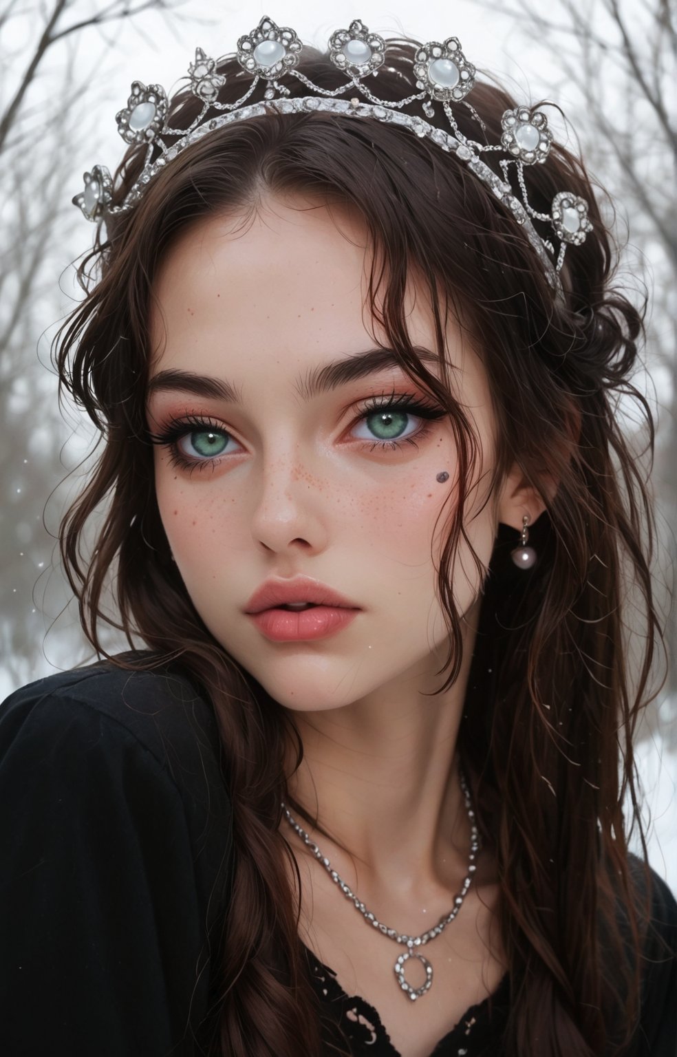 young woman with wavy, tousled hair styled with a braided crown. She has striking green eyes and a soft, natural makeup look, featuring a light pink blush and glossy lips. The subject wears a delicate necklace with a round pendant and pearl accents, enhancing her elegant appearance. The background is softly blurred, allowing natural light to accentuate her features. The overall color palette includes soft blues and warm skin tones, creating a fresh and inviting atmosphere. The image exudes a dreamy, ethereal quality, making it ideal for a romantic or fashion-themed composition.

