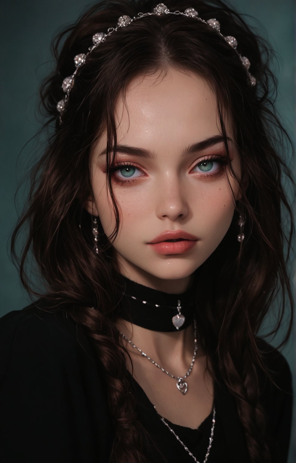 young woman with wavy, tousled hair styled with a braided crown. She has striking green eyes and a soft, natural makeup look, featuring a light pink blush and glossy lips. The subject wears a delicate necklace with a round pendant and pearl accents, enhancing her elegant appearance. The background is softly blurred, allowing natural light to accentuate her features. The overall color palette includes soft blues and warm skin tones, creating a fresh and inviting atmosphere. The image exudes a dreamy, ethereal quality, making it ideal for a romantic or fashion-themed composition.

