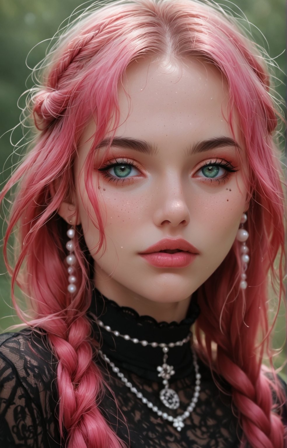 young woman with wavy, tousled hair styled with a braided crown. She has striking green eyes and a soft, natural makeup look, featuring a light pink blush and glossy lips. The subject wears a delicate necklace with a round pendant and pearl accents, enhancing her elegant appearance. The background is softly blurred, allowing natural light to accentuate her features. The overall color palette includes soft blues and warm skin tones, creating a fresh and inviting atmosphere. The image exudes a dreamy, ethereal quality, making it ideal for a romantic or fashion-themed composition.

