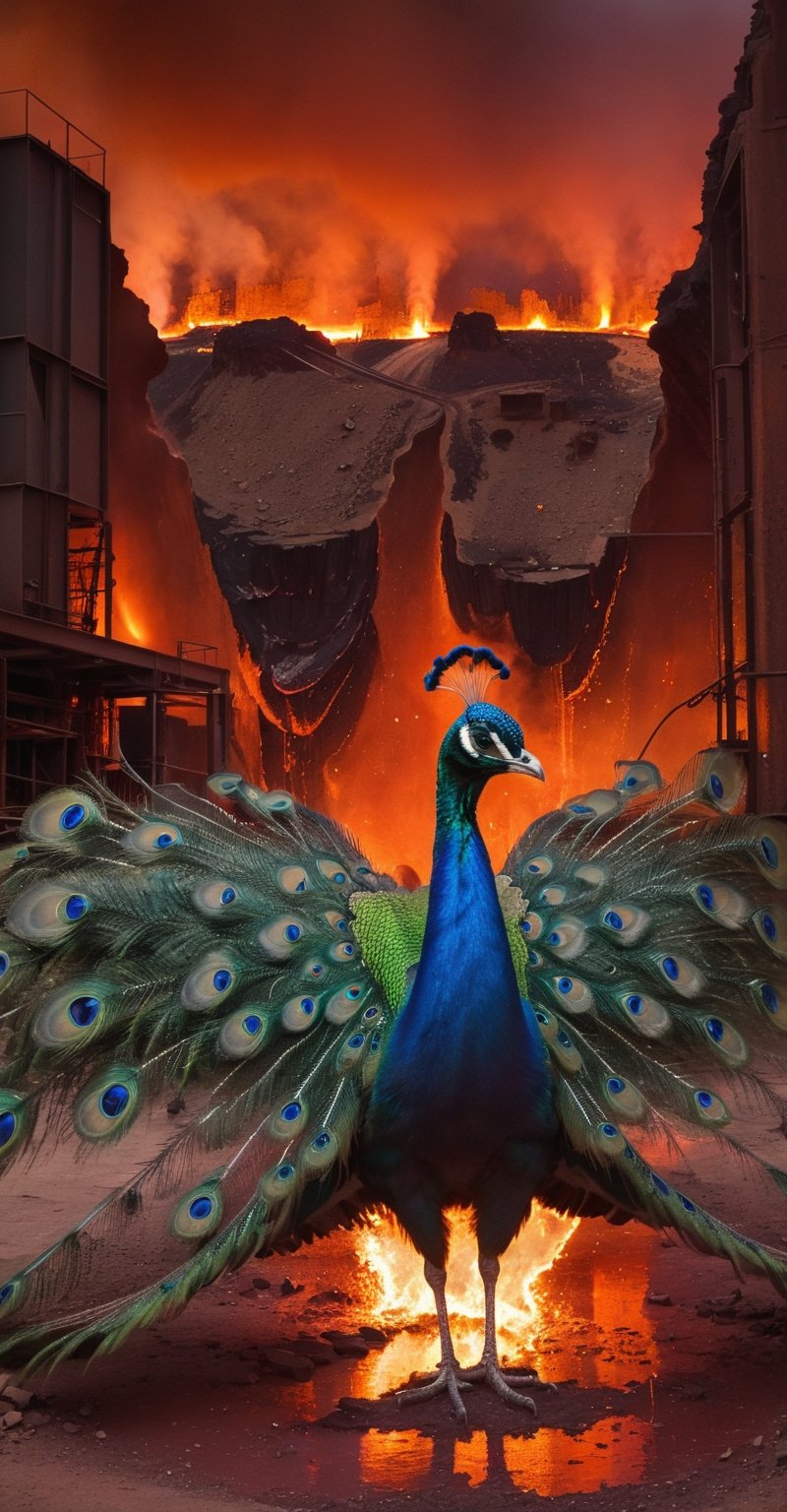 A youthful girl's form slowly contorts and expands, feathers sprouting from her arms and torso as she morphs into a majestic peacock. Against a rich, volcanic backdrop of crimson and burnt orange hues, the Alboca glass manufacturing facility hums in the background. Gigapascal pressure vessels glow with an eerie uranium green light, casting an otherworldly ambiance on the scene. The raw, photorealistic depiction captures the surreal moment with unflinching accuracy.,Illustration,Sexy Toon,facial expression,campervan