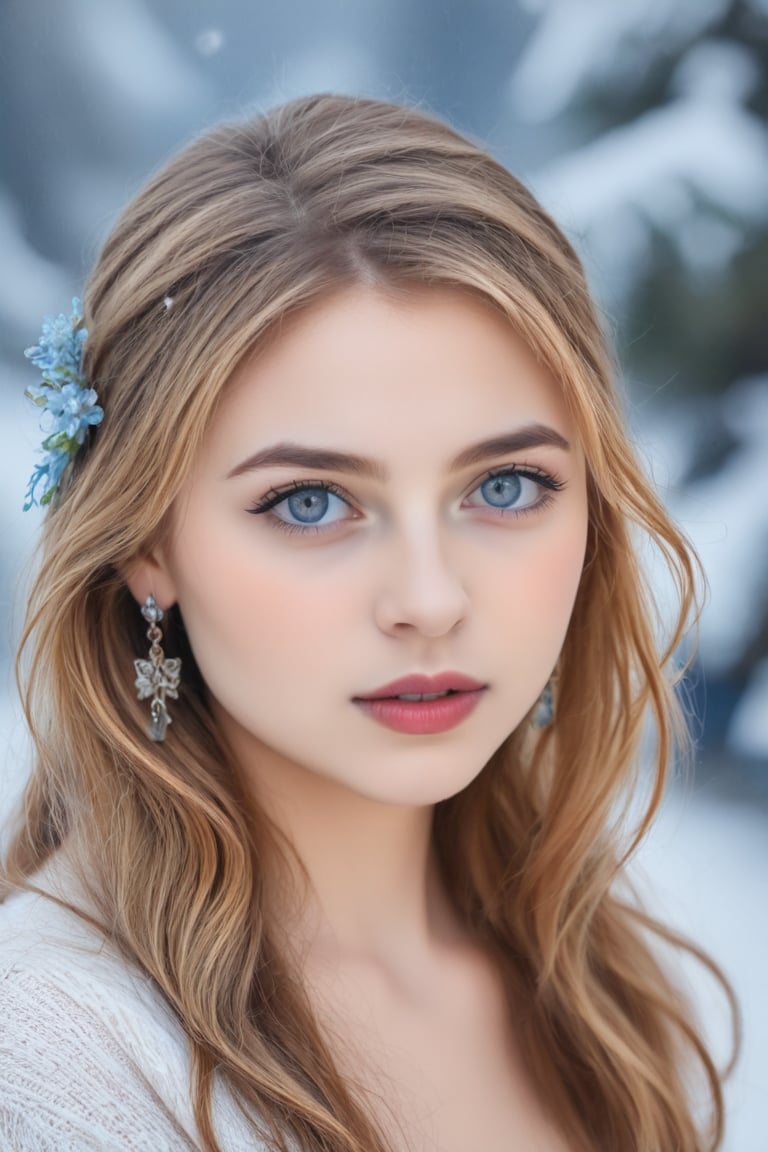 realistic photo, raw, young female woman, Her blonde hair is adorned with small floral accessories, and she wears earrings that match her eye color. The background suggests a wintry scene, possibly indicating a season or theme associated with the character. The use of blue tones in her eyes and the background may symbolize depth or emotion. The overall composition is artistic and evocative, designed to convey a sense of character and narrative without the need for text.