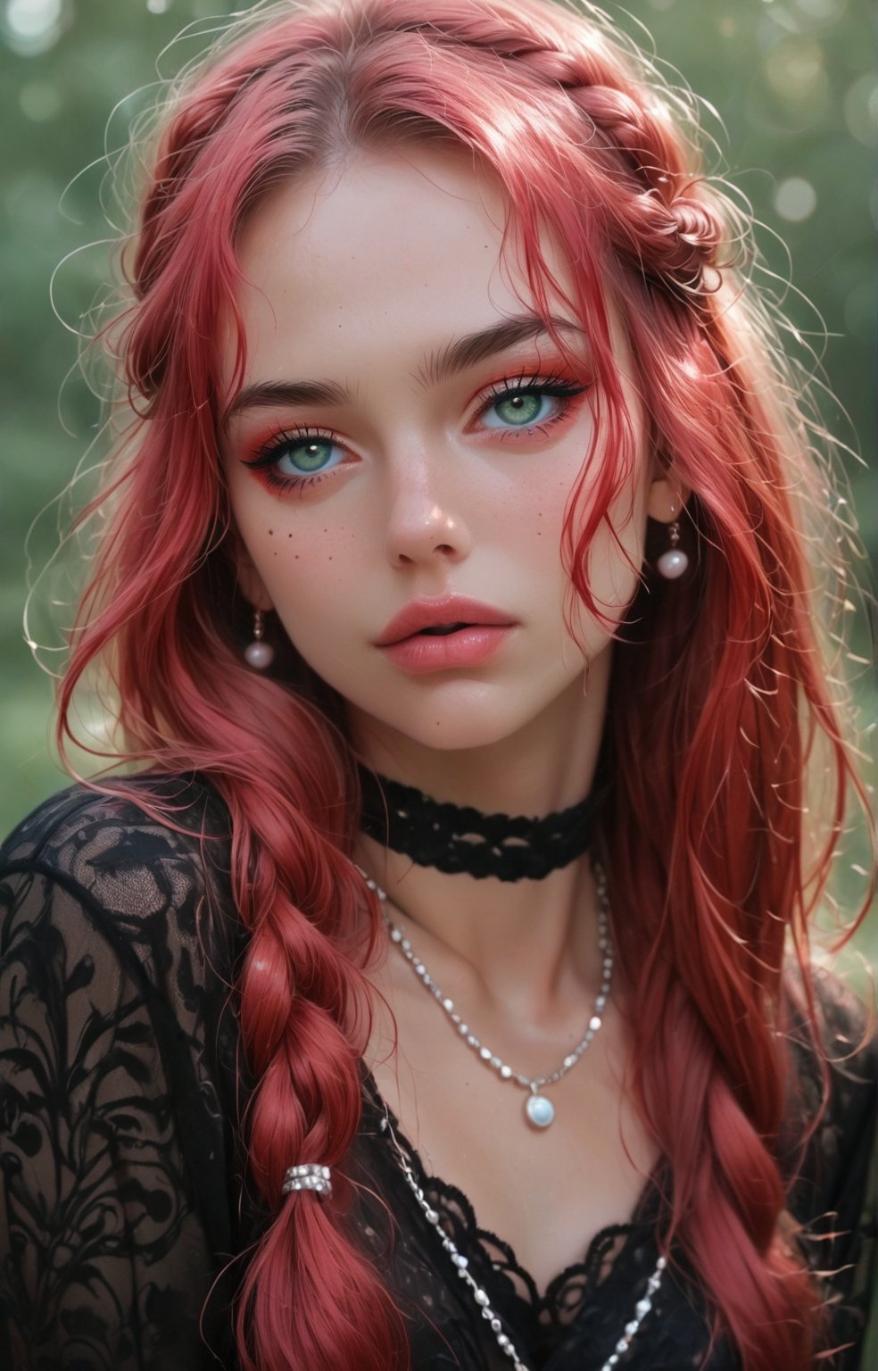 young woman with wavy, tousled hair styled with a braided crown. She has striking green eyes and a soft, natural makeup look, featuring a light pink blush and glossy lips. The subject wears a delicate necklace with a round pendant and pearl accents, enhancing her elegant appearance. The background is softly blurred, allowing natural light to accentuate her features. The overall color palette includes soft blues and warm skin tones, creating a fresh and inviting atmosphere. The image exudes a dreamy, ethereal quality, making it ideal for a romantic or fashion-themed composition.

