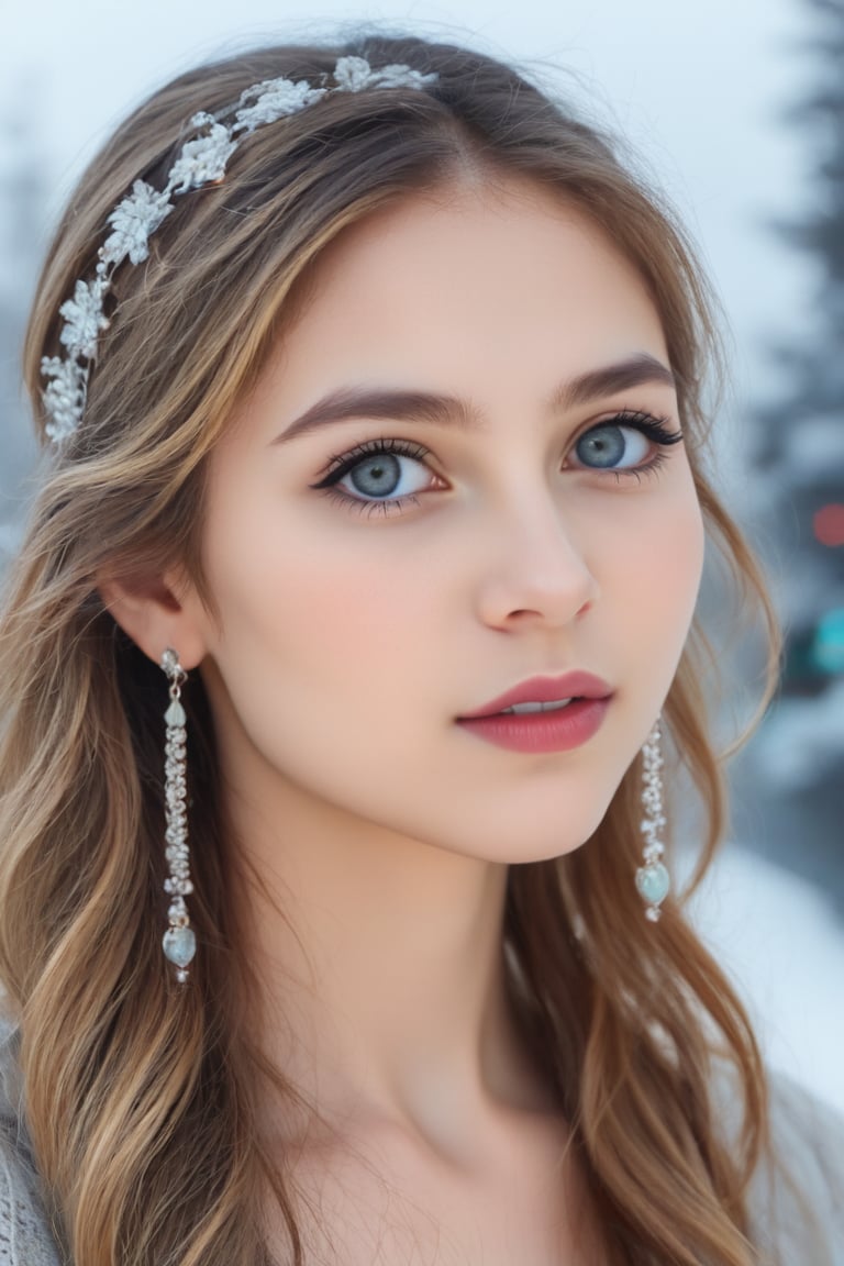 realistic photo, raw, young female woman, Her blonde hair is adorned with small floral accessories, and she wears earrings that match her eye color. The background suggests a wintry scene, possibly indicating a season or theme associated with the character. The use of blue tones in her eyes and the background may symbolize depth or emotion. The overall composition is artistic and evocative, designed to convey a sense of character and narrative without the need for text.