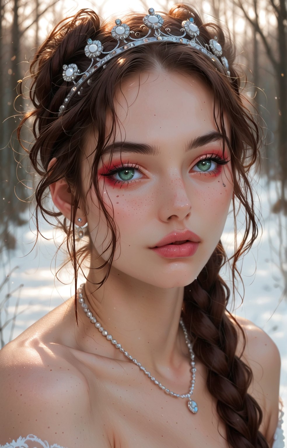 young woman with wavy, tousled hair styled with a braided crown. She has striking green eyes and a soft, natural makeup look, featuring a light pink blush and glossy lips. The subject wears a delicate necklace with a round pendant and pearl accents, enhancing her elegant appearance. The background is softly blurred, allowing natural light to accentuate her features. The overall color palette includes soft blues and warm skin tones, creating a fresh and inviting atmosphere. The image exudes a dreamy, ethereal quality, making it ideal for a romantic or fashion-themed composition.

