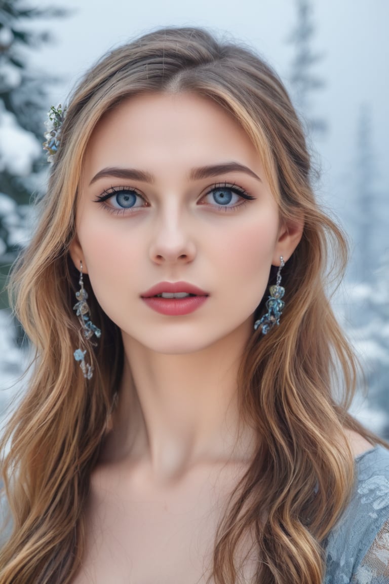 realistic photo, raw, young female woman, Her blonde hair is adorned with small floral accessories, and she wears earrings that match her eye color. The background suggests a wintry scene, possibly indicating a season or theme associated with the character. The use of blue tones in her eyes and the background may symbolize depth or emotion. The overall composition is artistic and evocative, designed to convey a sense of character and narrative without the need for text.