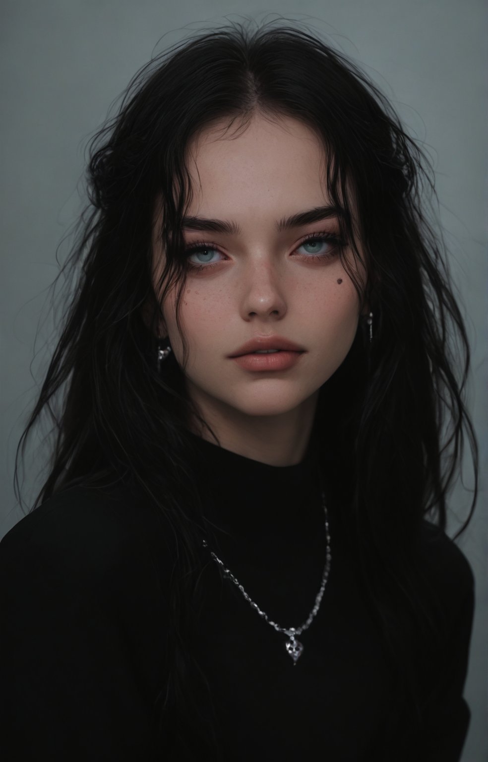 young woman with wavy, tousled hair styled with a braided crown. She has striking green eyes and a soft, natural makeup look, featuring a light pink blush and glossy lips. The subject wears a delicate necklace with a round pendant and pearl accents, enhancing her elegant appearance. The background is softly blurred, allowing natural light to accentuate her features. The overall color palette includes soft blues and warm skin tones, creating a fresh and inviting atmosphere. The image exudes a dreamy, ethereal quality, making it ideal for a romantic or fashion-themed composition.

