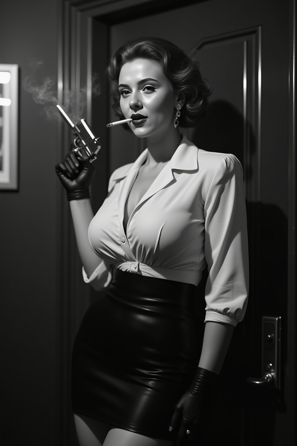 A sultry 1950s mafia pin-up girl posing seductively in a dark, smoky room. She's dressed in a fitted, high-waisted skirt and a crisp white blouse, showcasing her curvaceous figure and massively huge breasts. Her nipples are delicately rendered, accentuating the sensuality of the scene. A cigarette dangles from her lip, exuding a sense of sophistication and danger. In one hand, she grasps a gun, symbolizing power and allure. The frame is composed to emphasize her curves, with strong shadows and highlights that evoke a classic film noir aesthetic. The entire image is rendered in photorealistic black and white, with meticulous details that transport the viewer to a bygone era of glamour and intrigue.