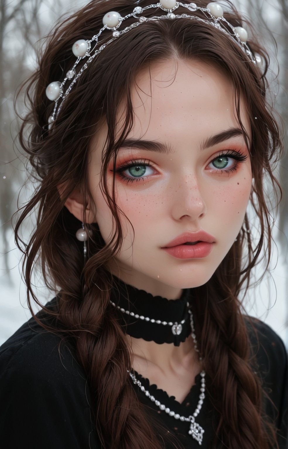 young woman with wavy, tousled hair styled with a braided crown. She has striking green eyes and a soft, natural makeup look, featuring a light pink blush and glossy lips. The subject wears a delicate necklace with a round pendant and pearl accents, enhancing her elegant appearance. The background is softly blurred, allowing natural light to accentuate her features. The overall color palette includes soft blues and warm skin tones, creating a fresh and inviting atmosphere. The image exudes a dreamy, ethereal quality, making it ideal for a romantic or fashion-themed composition.

